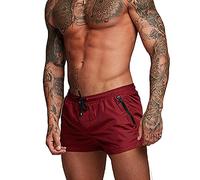 Rexcyril Men's Athletic Gym Workout Shorts 3 inch Quick Dry Running Bodybuilding Short Shorts with Liner and Zipper Pockets, Wine Red, Medium