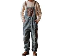Rexcyril Men's Baggy Denim Bib Overalls Vintage Contrast Distressed Work Dungarees Sloppy Coveralls with Big Pockets, Blue, 38