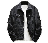 Rexcyril Men's Distressed Denim Jacket Casual Ripped Holes Button Down Trucker Jacket Jean Coat - Black - Medium