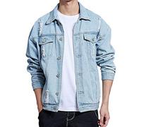 Rexcyril Men's Distressed Denim Jacket Casual Ripped Holes Button Down Trucker Jacket Jean Coat - blue - S