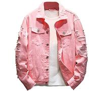 Rexcyril Men's Distressed Denim Jacket Casual Ripped Holes Button Down Trucker Jacket Jean Coat, Pink, M