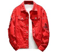 Rexcyril Men's Distressed Denim Jacket Casual Ripped Holes Button Down Trucker Jacket Jean Coat - red - Large