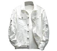 Rexcyril Men's Distressed Denim Jacket Casual Ripped Holes Button Down Trucker Jacket Jean Coat, White, L