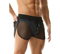 Rexcyril Men's Mesh Shorts Sexy See Through Underwear Sheer Fishnet Split Side Boxer Briefs, Black, M