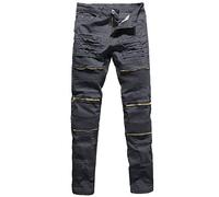 Rexcyril Men's Moto Biker Jeans Distressed Ripped Skinny Slim Fit Denim Pants with Zippers - grey - 34