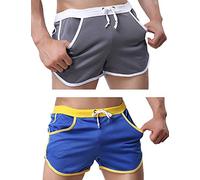 Rexcyril Men's Running Workout Bodybuilding Gym Shorts Athletic Sports Casual Short Pants, 2 Pack (Grey + Blue), Medium