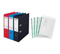 Rexel Choices A4 Lever Arch Files, 3-Pack Assorted Colors (Black, Red, Blue), 75mm Spine, Durable Plastic on Board + 100 x A4 Punched Pockets, 34 Micron Thickness, Clear (Bundle)