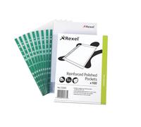 Rexel Punched Pockets 12265 A4 Glass Clear Polypropylene 90 Micron Green Spine Pack of 100