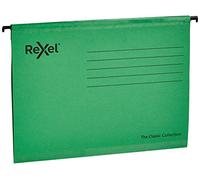 Rexel Classic A4 Reinforced Suspension Files for Filing Cabinets, 15 mm V base, 100 Percent Recycled Card, Green, Pack of 25, 2115586