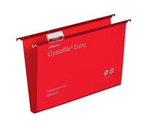 Rexel Foolscap Heavy Duty Suspension Files with Tabs and Inserts for Filing Cabinets, 30 mm base, Polypropylene, Red, Crystalfile Extra, Pack of 25, 70632