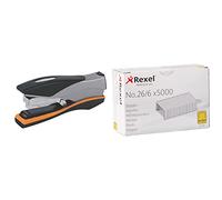 Rexel Optima 40 Low Force Stapler, Silver/Black, 2102357 & No.56 26/6 Staples for Standard Staplers, for Stapling Upto 20 Sheets, Use with Desktop Staplers and Pliers, 5000 Count (Pack of 1)