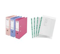 Rexel Pastel Plastic A4 Lever Arch Files, FSC Certified, 75mm Spine, 3-Pack (Pink, Blue, Peach) + Esselte A4 Punched Pockets, 100 x Poly Pockets, 34 Micron Thickness, Clear (Bundle)
