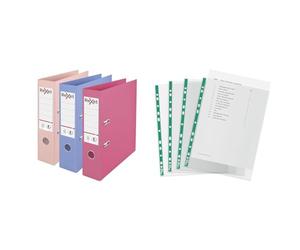 Rexel Pastel Plastic A4 Lever Arch Files, FSC Certified, 75mm Spine, 3-Pack (Pink, Blue, Peach) + Esselte A4 Punched Pockets, 100 x Poly Pockets, 34 Micron Thickness, Clear (Bundle)