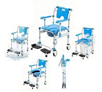 Rexhan 3 in 1 Foldable Shower Wheelchair, Commode Toilet Chair, Folding WC Chair, Potty Chair, Flip-up Armrest, Adjustable Height, Lightweight, Aluminium Frame, Wheel Brakes, 5L Removable Bucket