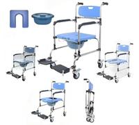 Rexhan 3 in 1 Foldable Shower Wheelchair, Commode Toilet Chair, Folding WC Chair, Potty Chair, Footrests, Lightweight, Aluminium Frame, Wheel Brakes, 5L Removable Bucket