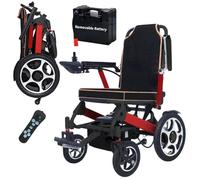 Rexhan Foldable Electric Wheelchair, Folding Power Chair, 20 KM Removable Lithium Battery, 2 X 200W Brushless Motor, 19 KG Lightweight, Remote Control, Aluminium Frame, Electromagnetic Brakes, Red