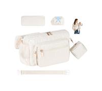 Rexmore Puffer Quilted Fanny Pack Diaper Bag for Mom - Women‘s Compact Crossbody Purse with Portable Changing Pad & Wipes Pouch, Travel & Quick Errand Baby Essentials Organizer, Off White, 11 x 3.15 x