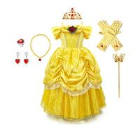 REXREII Belle Princess Beauty and the Beast Costume Girls Halloween Christmas Fancy Party Birthday Lace Ball Gown w/Accessories Yellow 12-13T