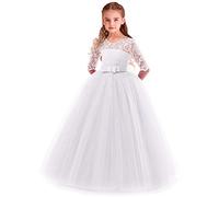 REXREII Flower Girls 3/4 Sleeves Lace Tulle Dresses Jr. Bridesmaid Wedding Party Birthday Pageant Communion Dance Ball Gown White 9-10T