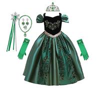 REXREII Girls Anna Princess Costume Frozen Elsa Snow Queen Halloween Cosplay Christmas Birthday Party Dress w/Accessories Green 6-7T