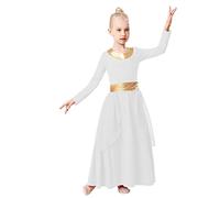 REXREII Kids Girls Praise Dance Robe Metallic Waistband Long Sleeve Liturgical Worship Dress Chiffon Skirt Lyrical Costume White 10-11T