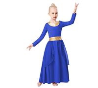 REXREII Kids Girls Praise Dance Robe Metallic Waistband Long Sleeve Liturgical Worship Dress Chiffon Skirt Lyrical Costume Royal Blue 14-15T