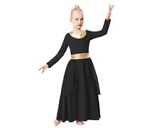 REXREII Kids Girls Praise Dance Robe Metallic Waistband Long Sleeve Liturgical Worship Dress Chiffon Skirt Lyrical Costume Black 8-9T