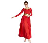 REXREII Women Praise Dance Robe Metallic Waistband Long Sleeve Liturgical Worship Dress Chiffon Skirt Lyrical Costume Red L