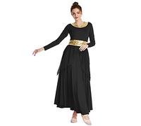 REXREII Women Praise Dance Robe Metallic Waistband Long Sleeve Liturgical Worship Dress Chiffon Skirt Lyrical Costume Black XL