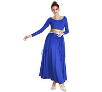 REXREII Women Praise Dance Robe Metallic Waistband Long Sleeve Liturgical Worship Dress Chiffon Skirt Lyrical Costume Royal Blue L