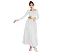 REXREII Women Praise Dance Robe Metallic Waistband Long Sleeve Liturgical Worship Dress Chiffon Skirt Lyrical Costume White XXL