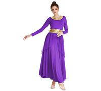 REXREII Women Praise Dance Robe Metallic Waistband Long Sleeve Liturgical Worship Dress Chiffon Skirt Lyrical Costume Purple L