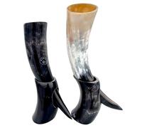 REXRYZ Viking Style Ox Horn Drinking Cup, Traditional Black and Natural Design, Handcrafted Mead Horn with Stand Pack of 1pc