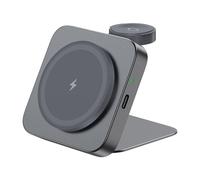 Rexsun 2 in 1 Foldable Magnetic Wireless Charging Station for MagSafe, Aluminum Alloy Wireless Charger Stand, Travel Size for iPhone 16/15/14/13/12, Apple Watch, AirPods, T15, Grey
