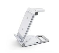 Rexsun 3 in 1 Foldable Wireless Charging Station, Aluminum Alloy Wireless Charger Stand for Multiple Apple Devices - Travel Size for iPhone, Apple Watch, AirPods, T8, Silver-white