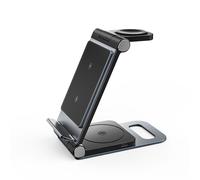 Rexsun 3 in 1 Foldable Wireless Charging Station, Aluminum Alloy Wireless Charger Stand for Multiple Apple Devices - Travel Size for iPhone, Apple Watch, AirPods, Adapter Not Included, T8, Black