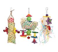 REXVTNS 3pcs Rattan Bird Chewing Toys | Naturally - Sourced Foraging & Biting Toys for Parrots/Cockatiels/Lovebirds | Colorful Paper Threads Hanging Cage with Hook