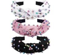 REYIN-CHHN 3 Pcs Pearl Knotted Headbands Colorful Jeweled Embellished Gem Faux Pearl Knot Hairband Turban Headband Hair Accessories for Women Girls (Black,White,Pink)