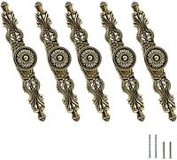 REYIN-CHHN 5pcs Antique Bronze Cabinet Knobs and Pulls, 3-3/4 inch / 123mm Hole Centers Vintage Drawer Knobs with Plate, Retro Dresser Pulls Metal Cabinet Hardware for Drawer Dresser Cabinet Closet