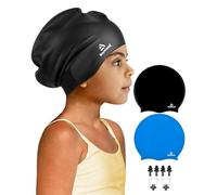 Reymand 2 Pack Kids Extra Large Swimming Cap for Long Thick Hair, Waterproof Silicone Swimming Hat for Toddler Child Youth Girls Boys, Durable Swim Cap Bathing Caps for Braids, Afros(Black+Blue)