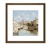 Reyna Manescau Venetian Canal Landscape Painting 8X8 Inch Square Wooden Framed Wall Art Print Picture with Mount Artery8 Brown One Size