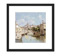 Reyna Manescau Venetian Canal Landscape Painting 8X8 Inch Square Wooden Framed Wall Art Print Picture with Mount Artery8 Black One Size
