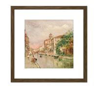 Reyna Manescau Venetian Canal Under Rain Painting 8X8 Inch Square Wooden Framed Wall Art Print Picture with Mount Artery8 Brown One Size
