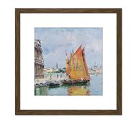 Reyna Manescau Venice Ship Seascape Painting 8X8 Inch Square Wooden Framed Wall Art Print Picture with Mount Artery8 Brown One Size