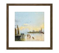 Reyna Manescau Venice View Seascape Painting 8X8 Inch Square Wooden Framed Wall Art Print Picture with Mount Artery8 Brown One Size