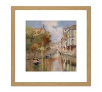 Reyna Manescau View Canal Venice Bridge Painting 8X8 Inch Square Wooden Framed Wall Art Print Picture with Mount Artery8 Light Oak One Size