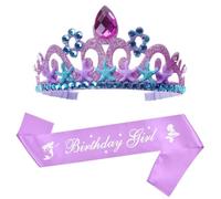 REYOK 2pcs Mermaid Crown Kids Jewelry Set,Princess Dress Up Accessories,Mermaid Glitter Crystal Purple Crown, “Birthday Girl” Sash,for Kids Girls Birthday Halloween Party Cosplay