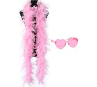 REYOK 2PCS Pink Feather Boa and Sunglasses, Fluffy Boa Feather Scarf with Heart Rimless Sunglasses, Women's Accessories, Women's Party Accessory Set