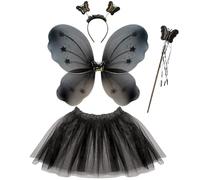 REYOK 4PCS Black Butterfly Halloween Costumes Set,Angel Wings Fairy Butterfly Dress Up,Magic butterfly Wand and Headband Set,Black Sparkle Tutu Skirt for Girls, Kids Cosplay Party Accessories