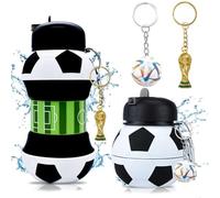 REYOK Football Collapsible Water Bottle - 550ml Silicone Bottle with World Cup Trophy and Orange Soccer Keyrings, Foldable Drink Sports Water Bottle Gift for Boys & Girls